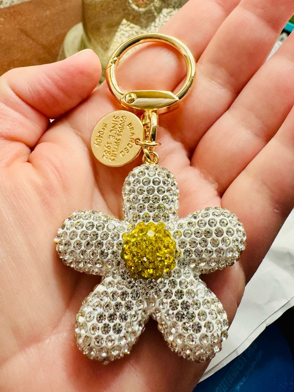 Sparkling Daisy Crystal Keyring bag charm - Gold tone & Yellow New